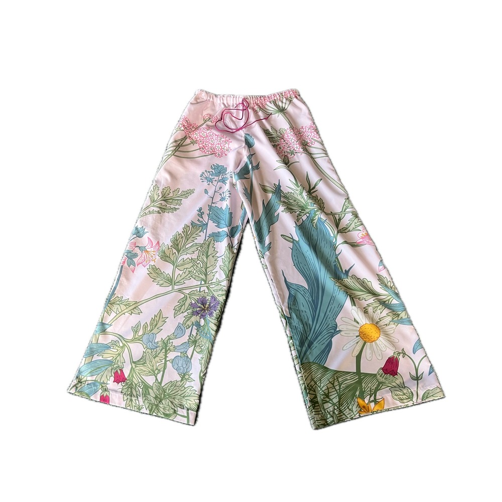 Handmade Pink Mod Floral Botanical Print Wide Leg Pants Trousers Resort Whimsy